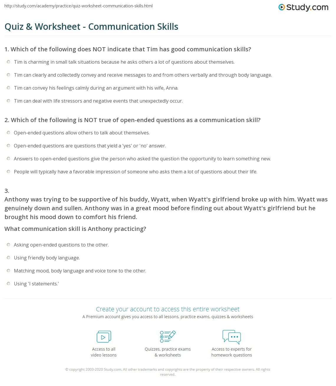 Quiz Worksheet Communication Skills Study