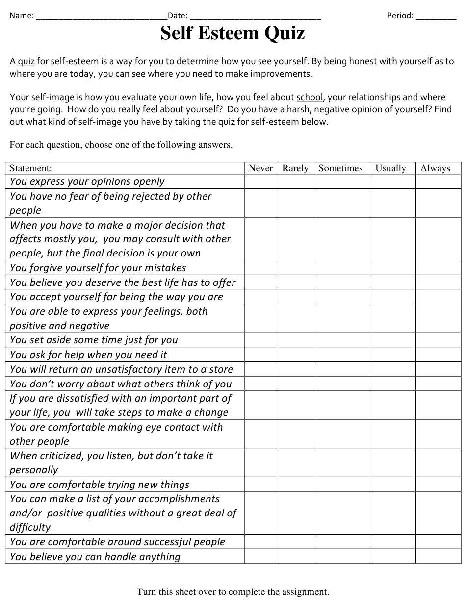 Self Esteem Assessment Worksheet Download Printable PDF Templateroller