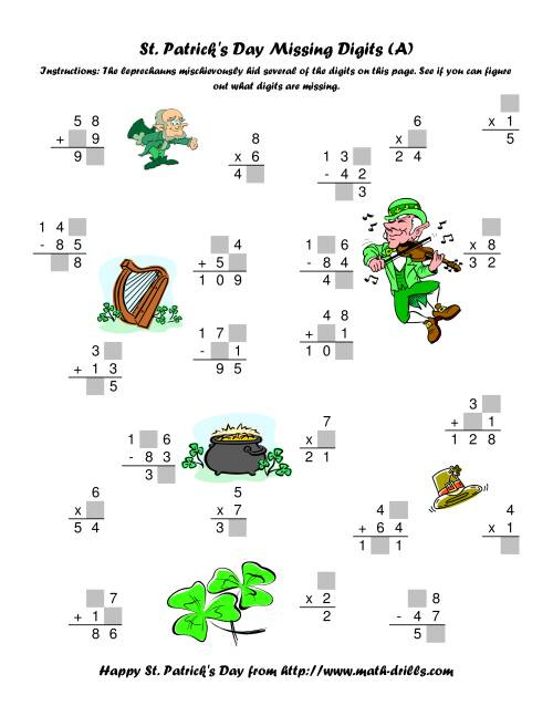 St Patrick 39 s Day Mixed Operations With Missing Digits A St Patrick 