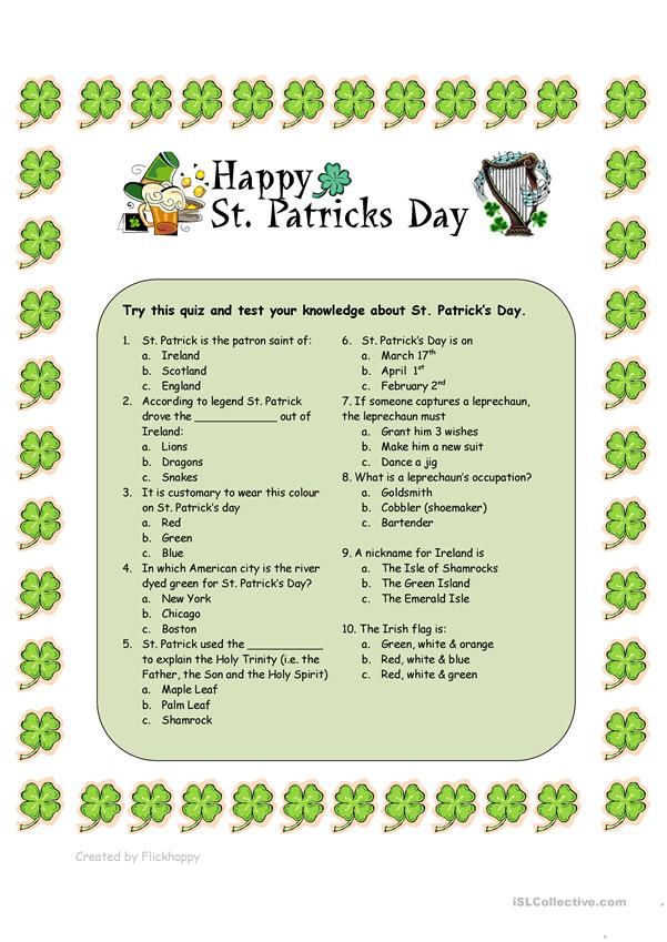 St Patrick 39 s Day Quiz Worksheet Free ESL Printable Worksheets Made 