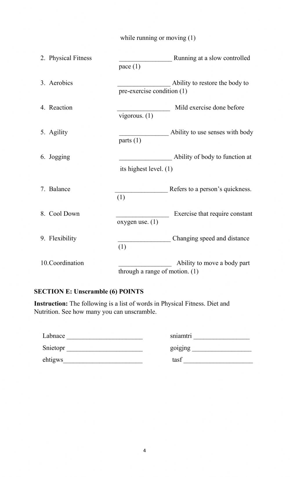 worksheets for physical education