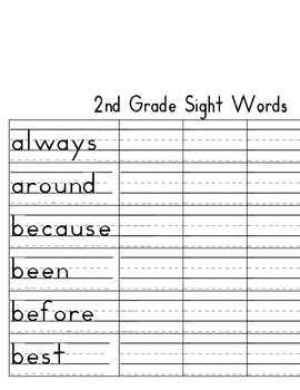 2nd Grade Dolch Sight Word Handwriting Worksheets By Amy Huff TpT