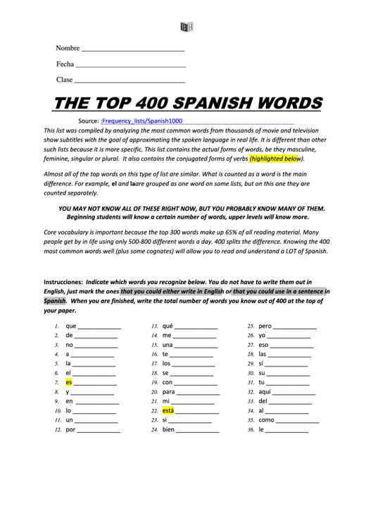  39 The Top 400 Spanish Words 39 Spanish Worksheet Printable Pdf Download