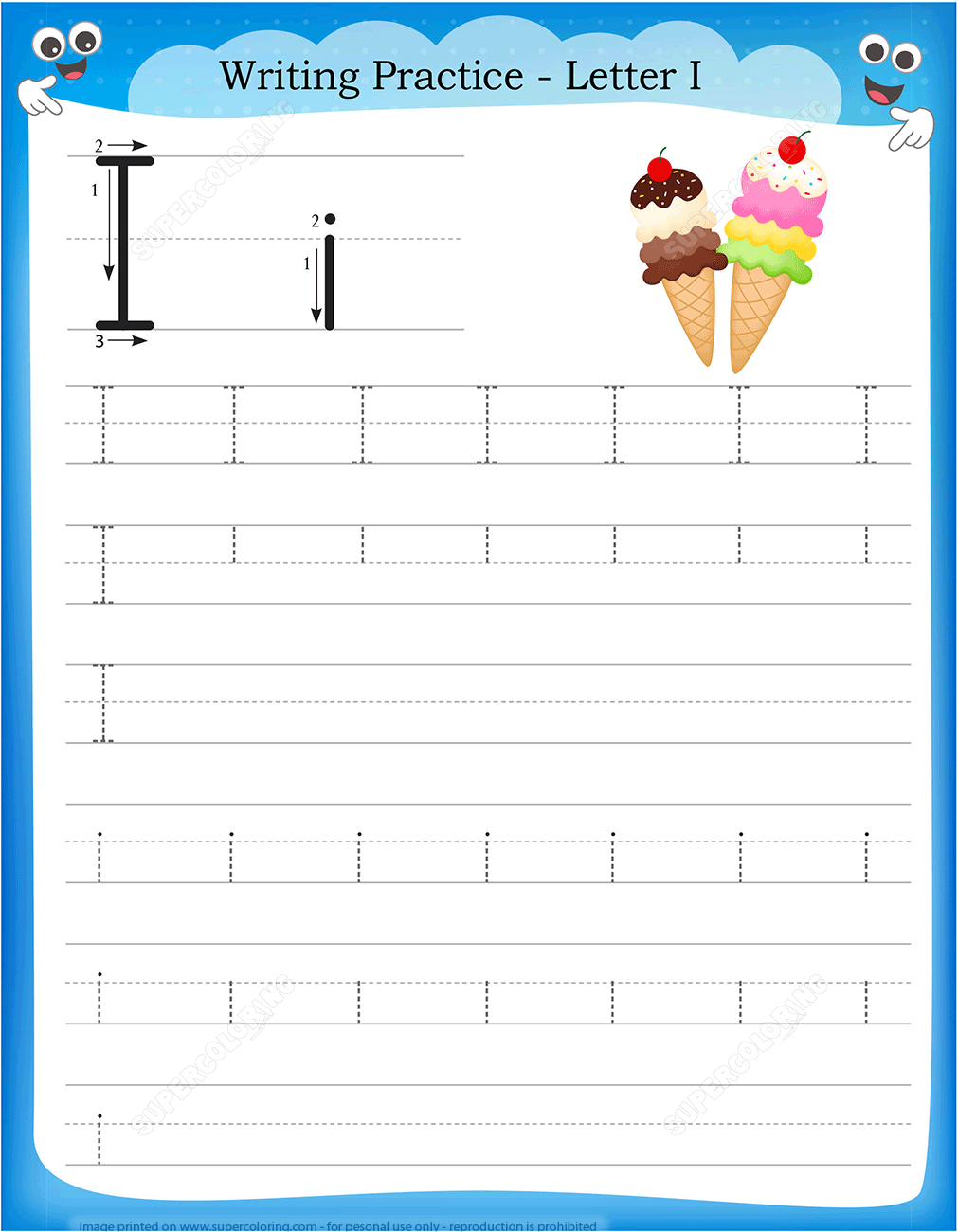 Letter I Is For Ice Cream Handwriting Practice Worksheet Free Printable 