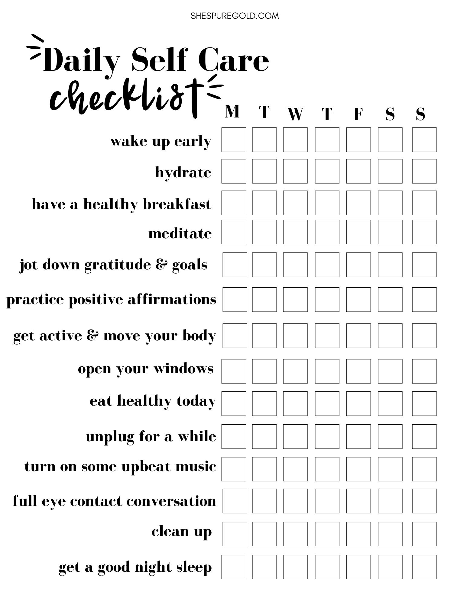 FREE PRINTABLE Daily Self Care Checklist For Women Self Care Self 