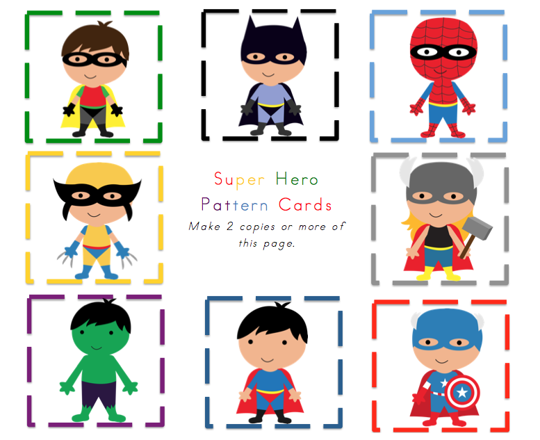 Little Superheroes Pattern Cards Preschool Printables