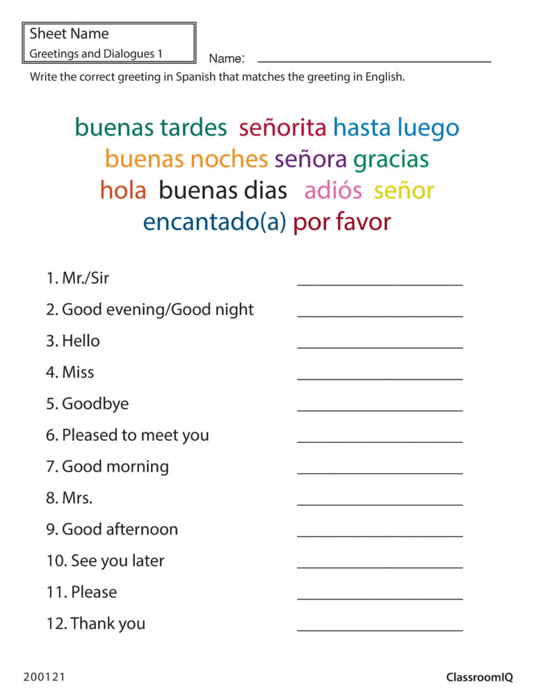 worksheet for kindergarten spanish