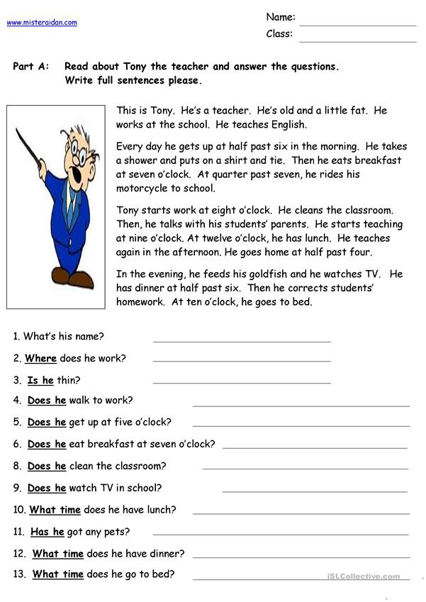 Tony The Teacher Reading Comprehension English ESL Worksheets For 