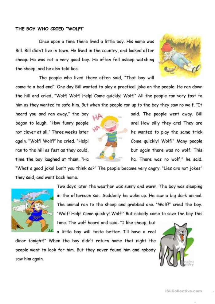 The Boy Who Cried Wolf Story Worksheets 99Worksheets
