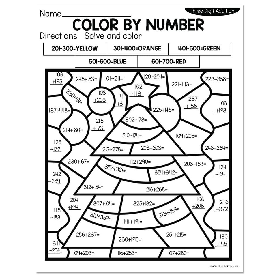 3-Digit Addition Winter Colornumber - Christmas Tree - Lucky in Addition Christmas Coloring Worksheets