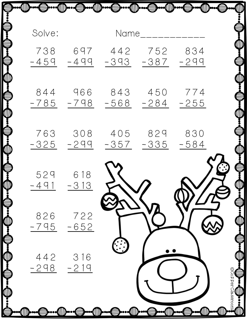 3.Nbt.2 Christmas Themed 3 Digit Subtraction With Regrouping for Christmas Subtraction with Regrouping Worksheets