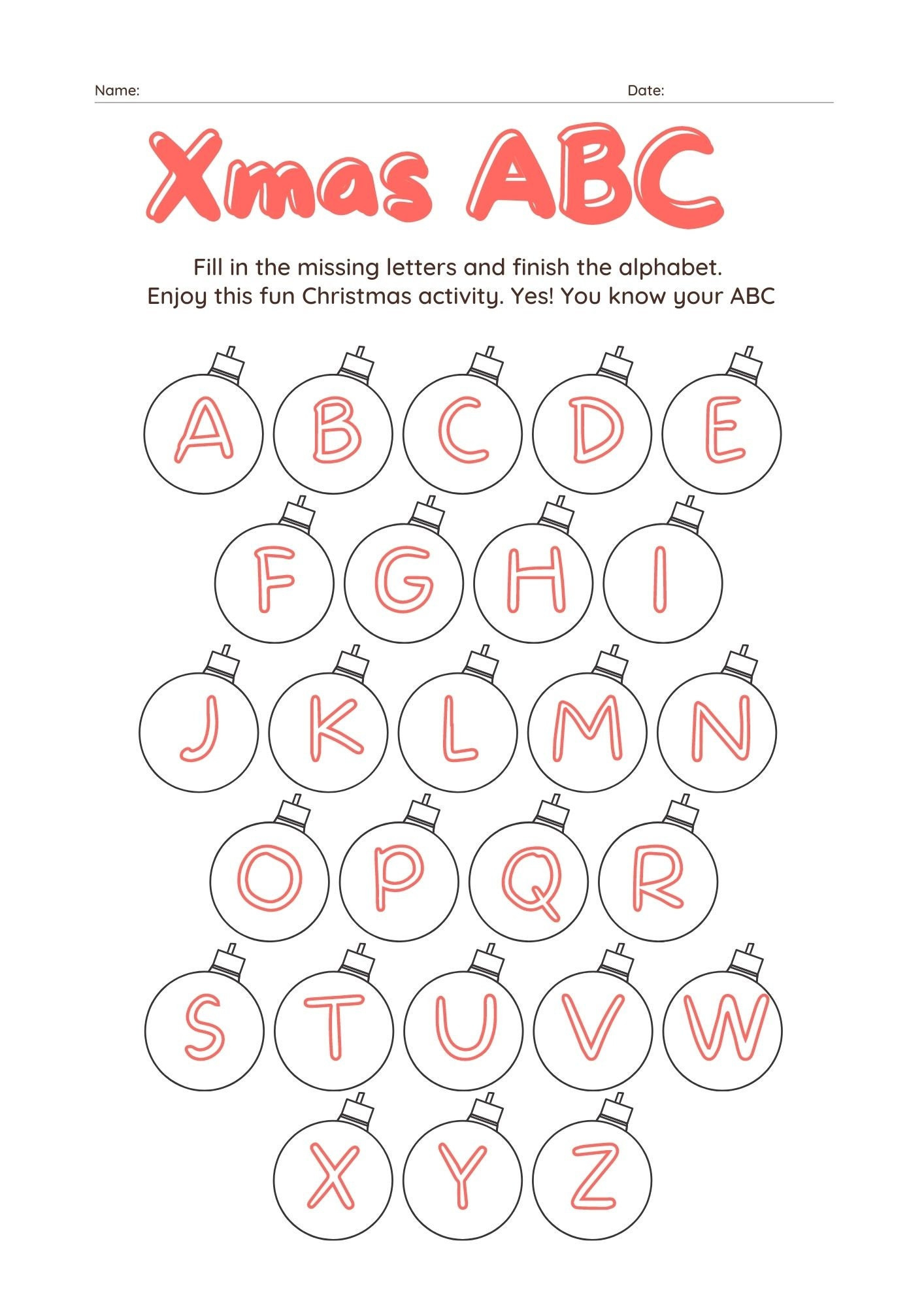 4 Page Christmas Abc Worksheet, Holiday Party Game, Christmas in Christmas Abc Worksheets