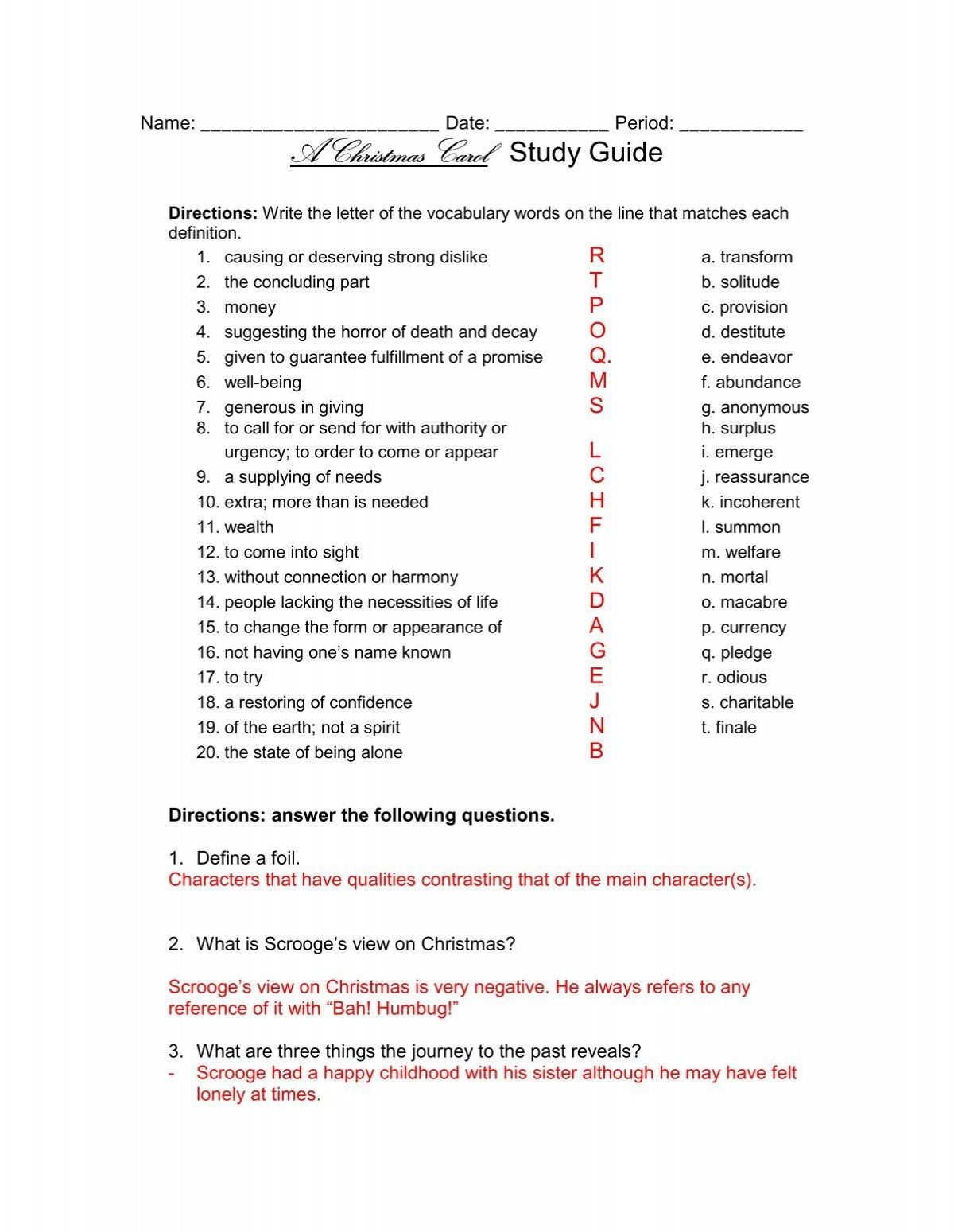 A Christmas Carol Study Guide - Answer Key inside A Christmas Carol Conflicts Worksheet Answer Key