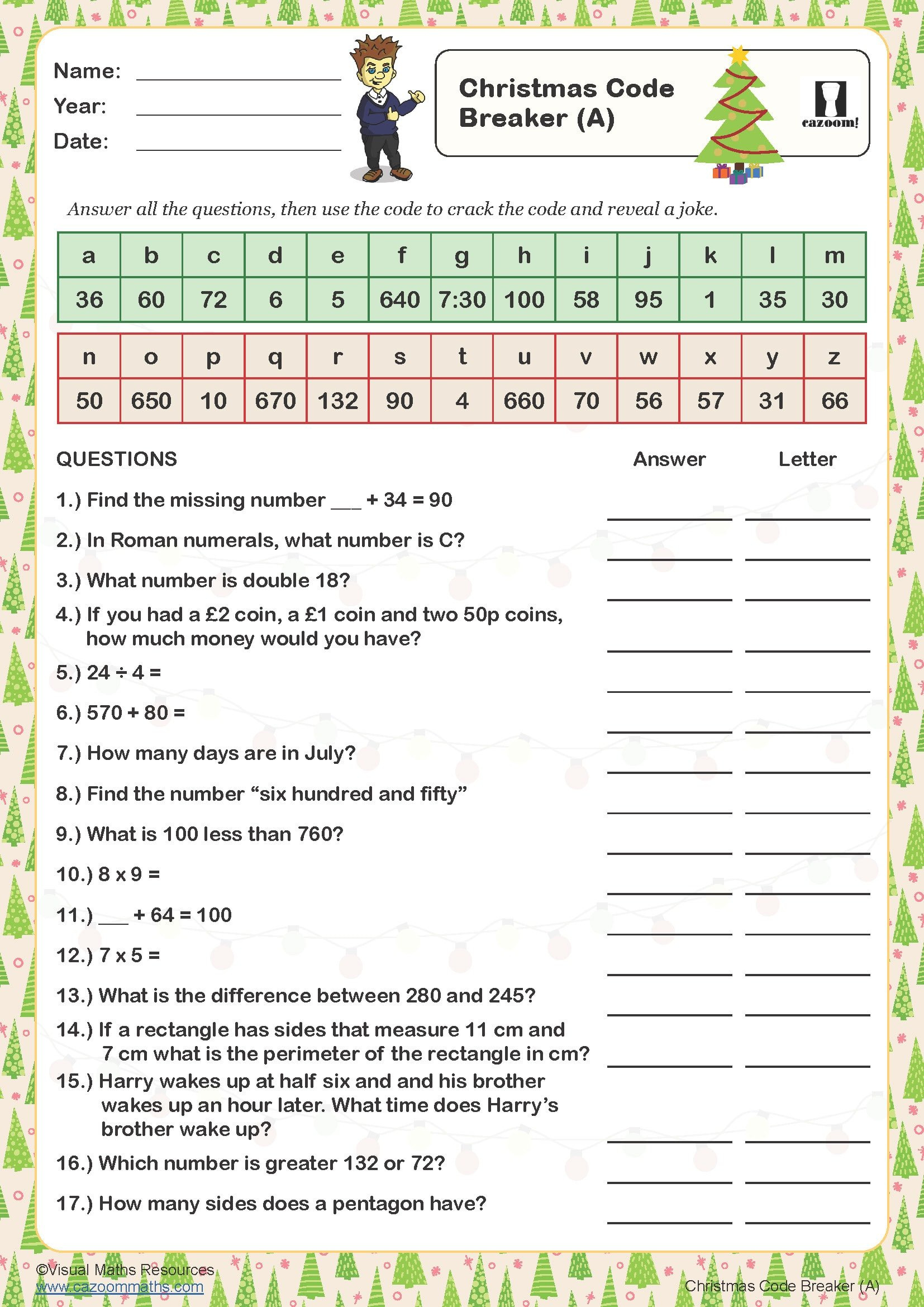 Christmas Code Breaker (A) Worksheet | Cazoom Maths Worksheets regarding Christmas Code Worksheet