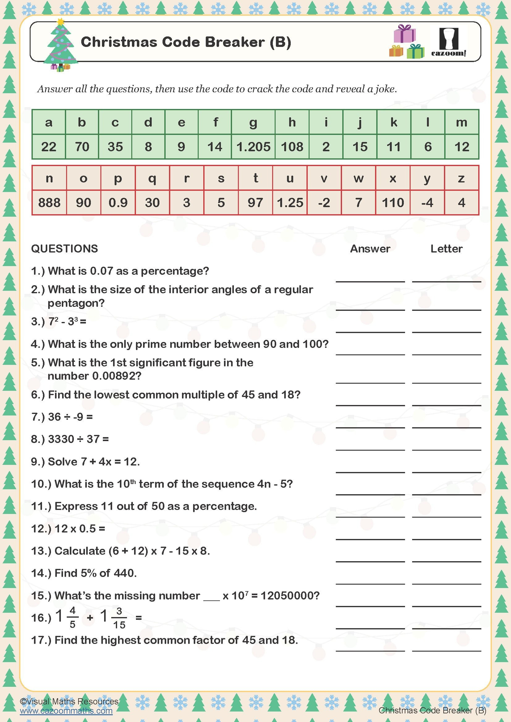 Christmas Code Breaker (B) Worksheet | Cazoom Maths Worksheets for Christmas Code Worksheet