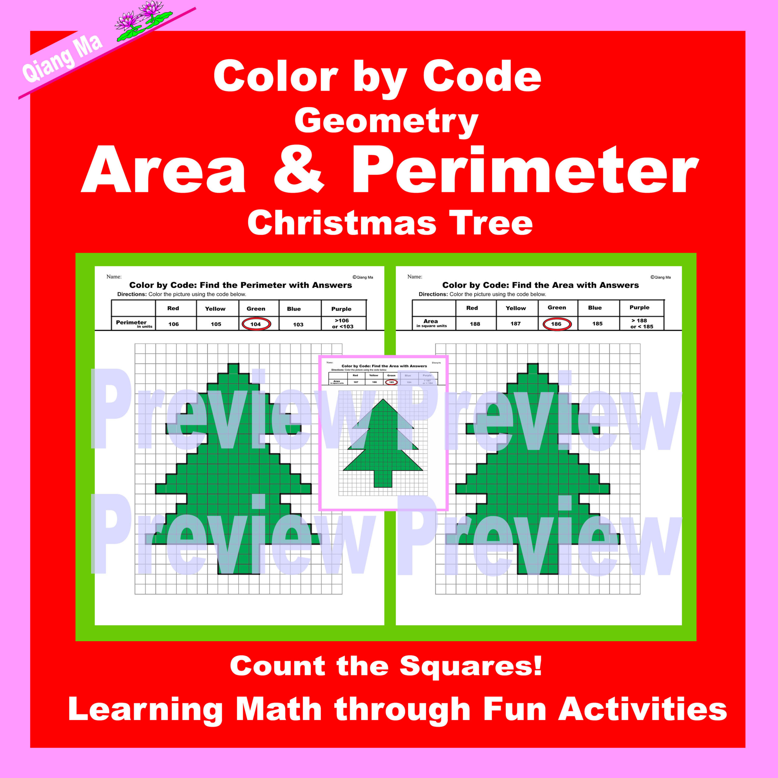 Christmas Colorcode- Area And Perimeter- Count Squares in Christmas Tree Graphing Worksheet