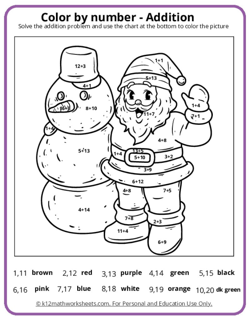 Christmas Colornumber Pages for Christmas Addition Coloring Worksheets