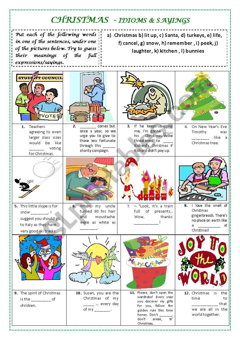 Christmas - Idioms &amp;amp; Sayings (With Key And Explanations) - Esl inside Christmas Idioms Worksheet