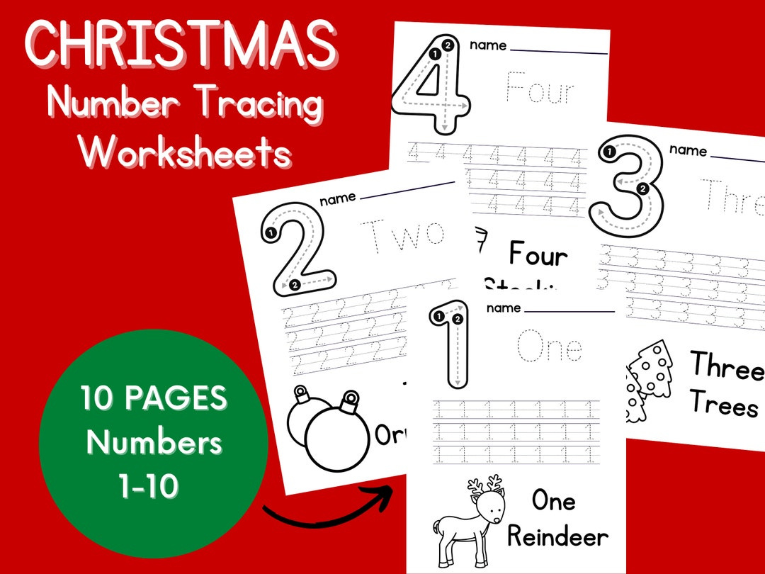 Christmas Number Tracing Worksheets 1-10 - Etsy for Christmas Number Tracing Worksheets