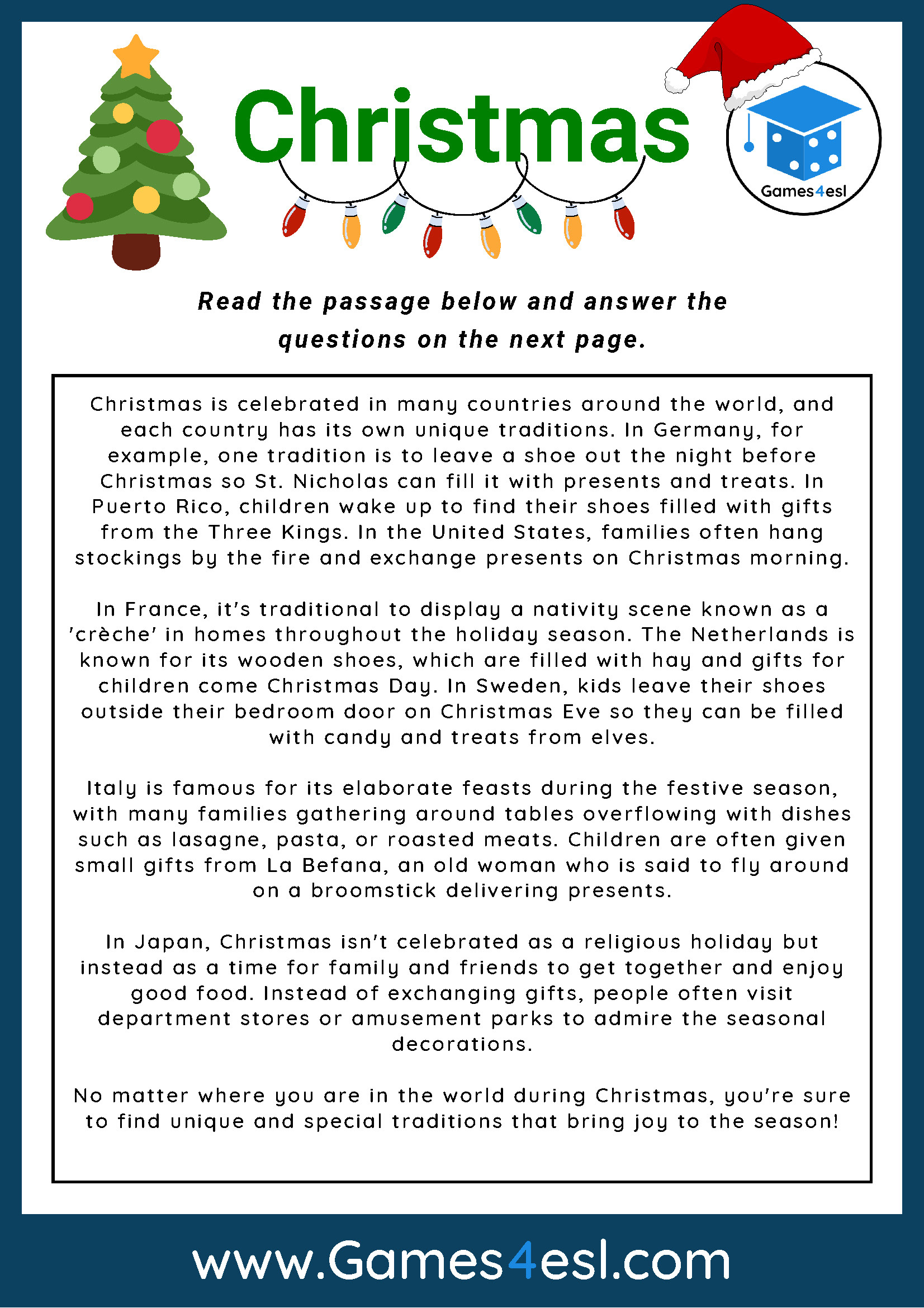 Christmas - Reading Comprehension Worksheet | Games4Esl intended for Comprehension Christmas Worksheets