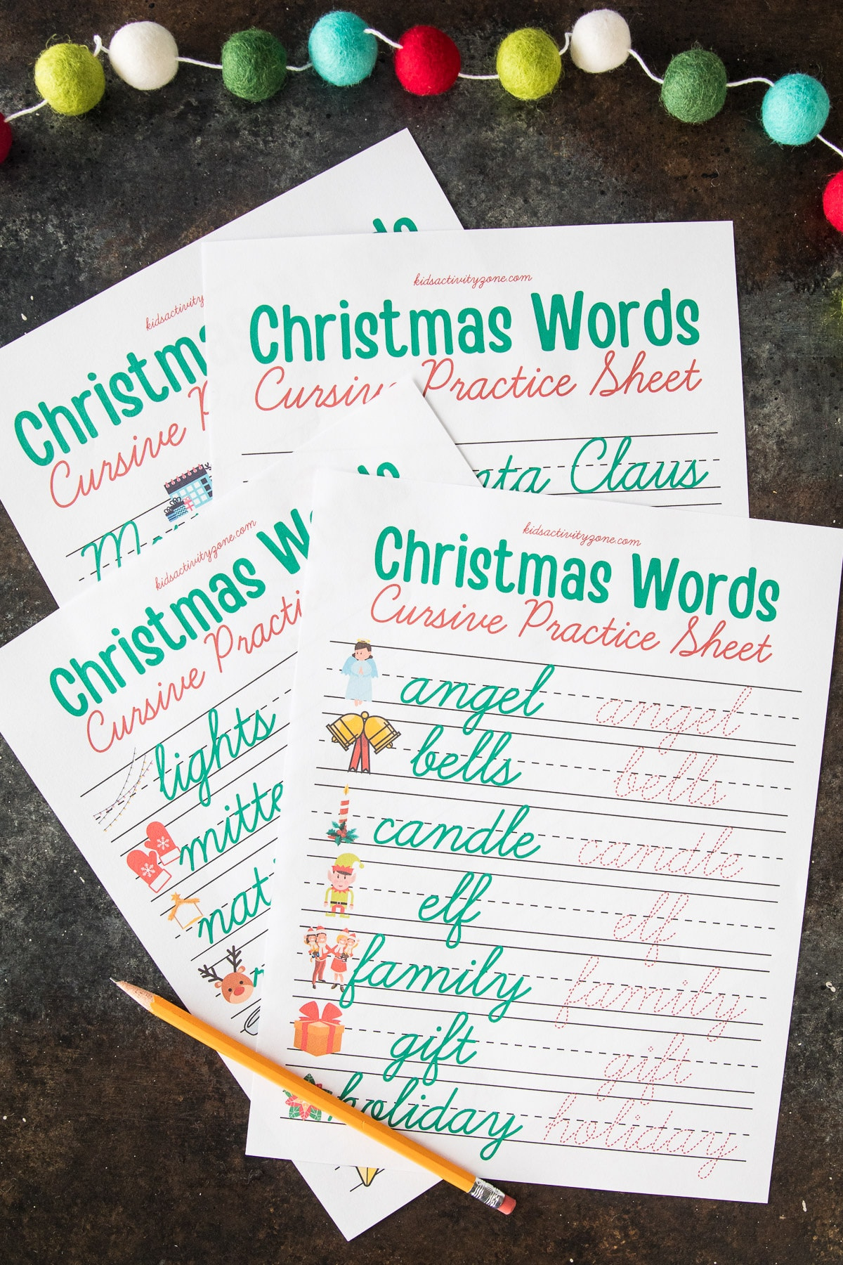 Christmas Words Cursive Practice Sheets - Kids Activity Zone intended for Christmas Cursive Worksheets