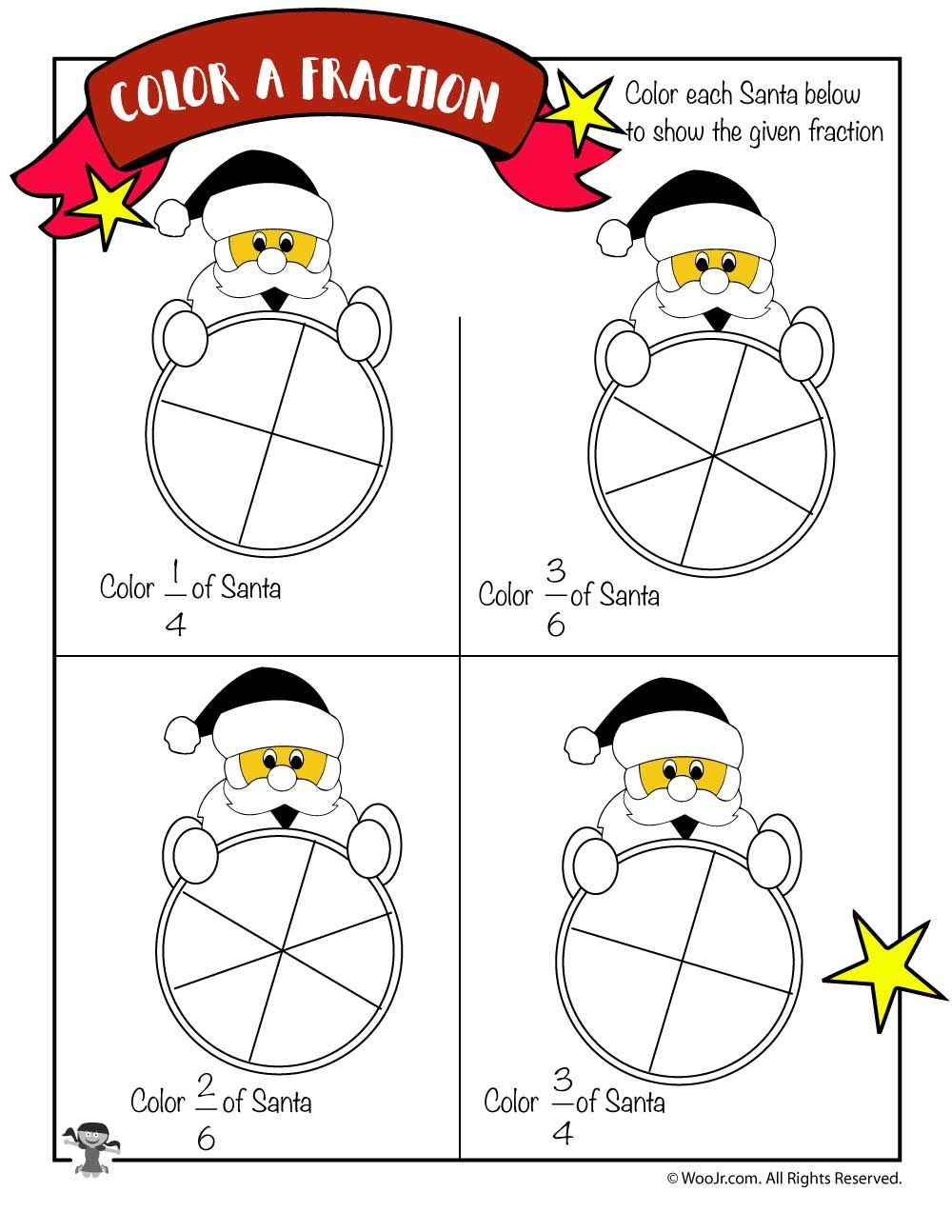 Color The Fraction Worksheet With Santa Claus | Woo! Jr. Kids within Fractions Christmas Worksheets