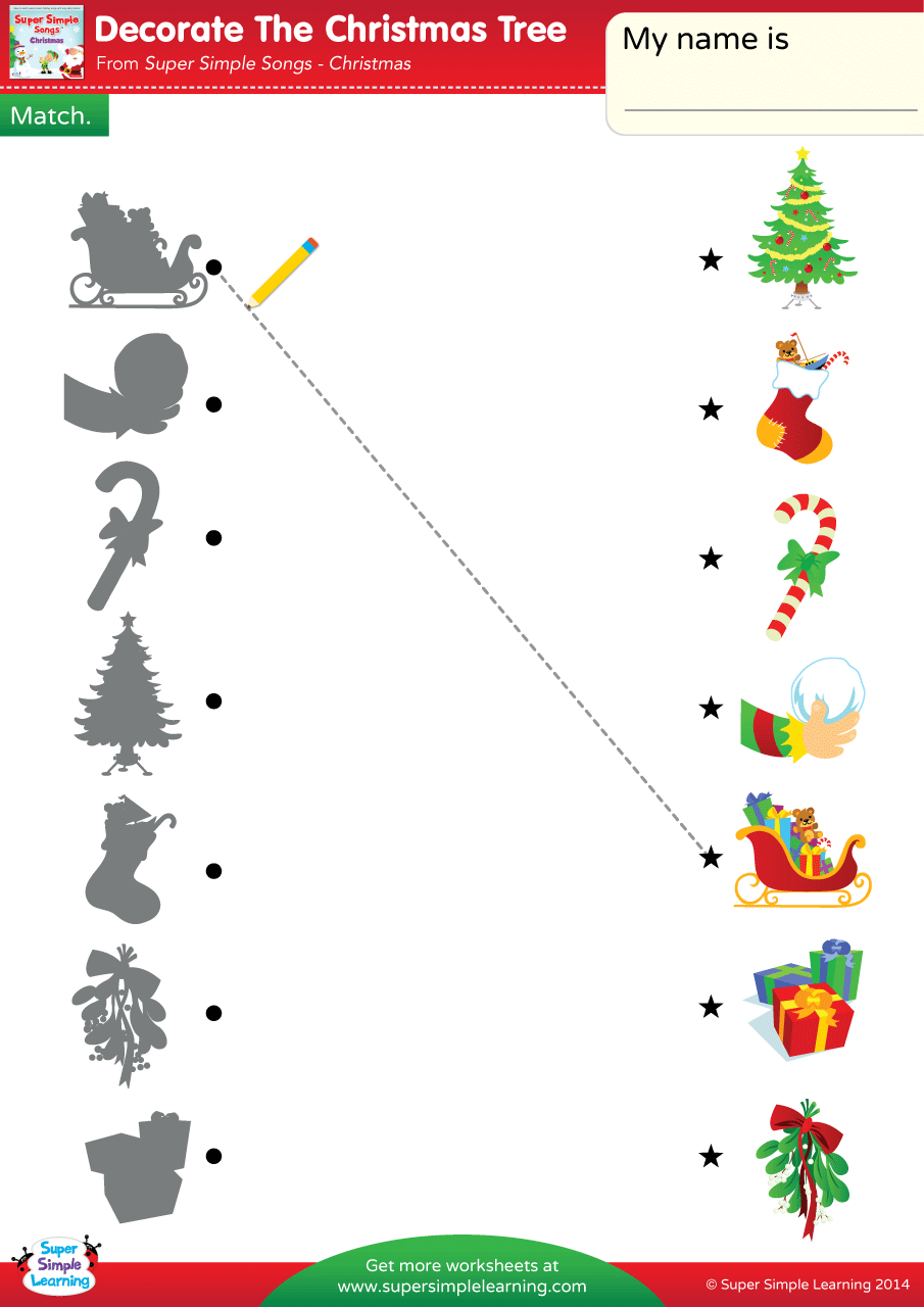 Decorate The Christmas Tree Worksheet - Match - Super Simple intended for Christmas Matching Worksheets