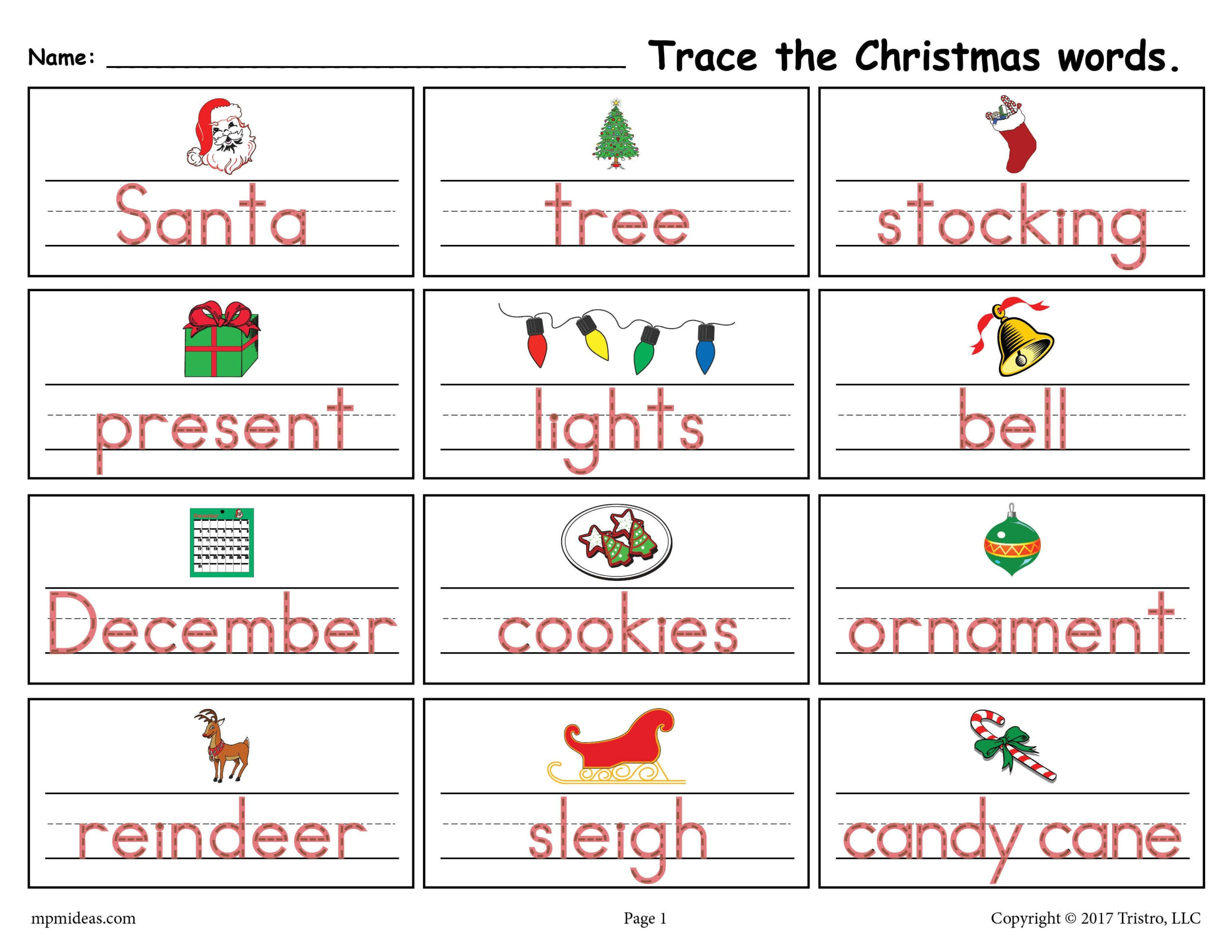 Free Printable Christmas Words Handwriting &amp;amp; Tracing Worksheet within Christmas Nouns Worksheet