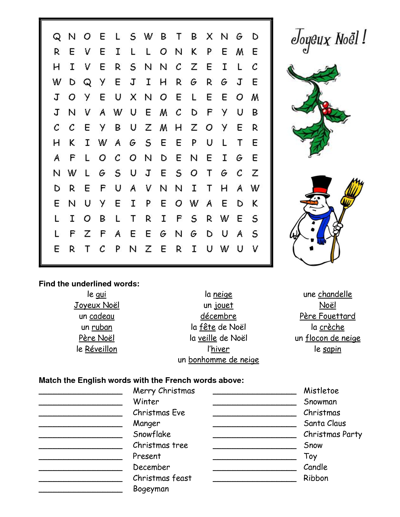 French Christmas Word Search for Christmas French Worksheets