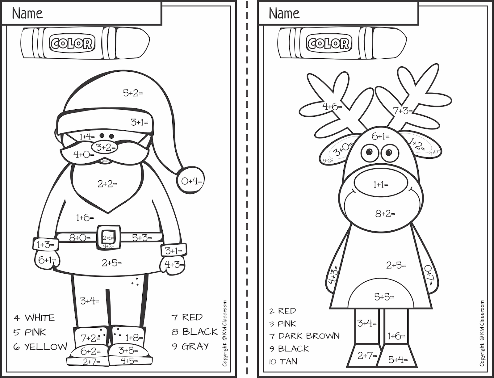 Km Classroom: Free Christmas Colornumber Addition Within 10 in Christmas Addition Coloring Worksheets