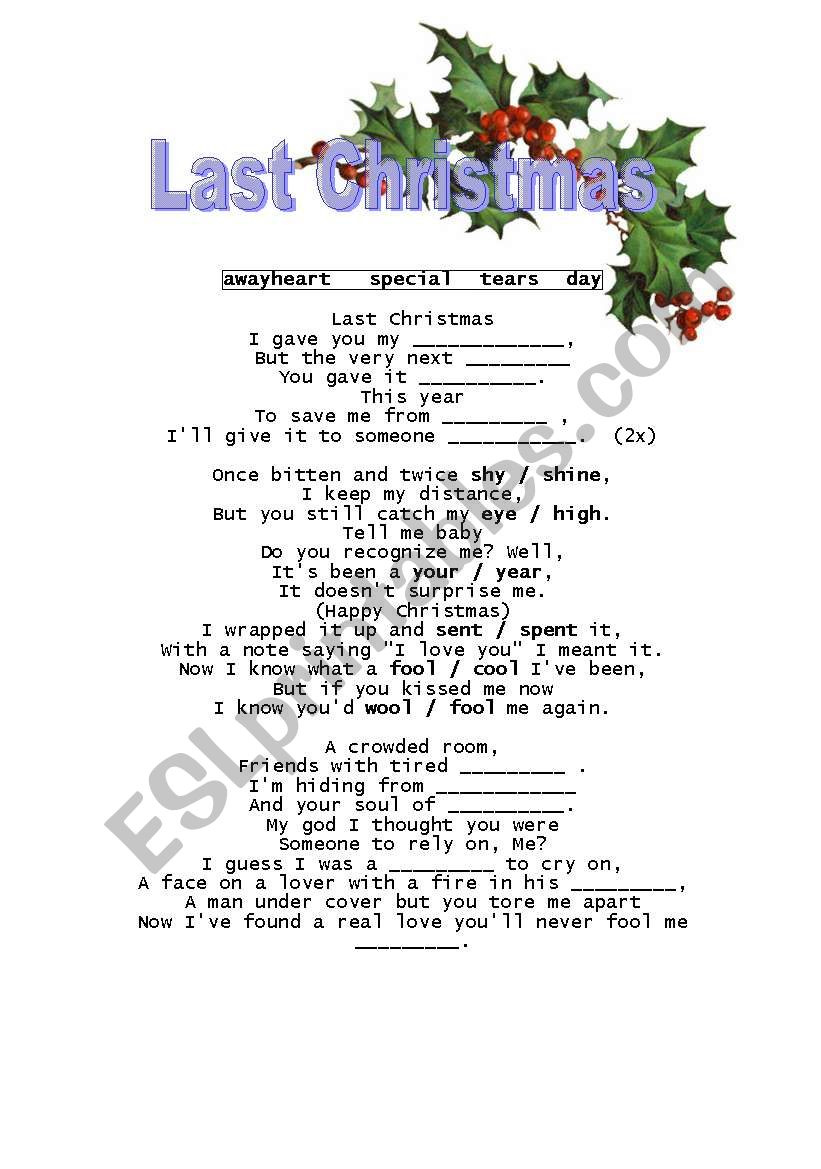 Last Christmas - Song - Esl Worksheetewa11 for Christmas Song Worksheet