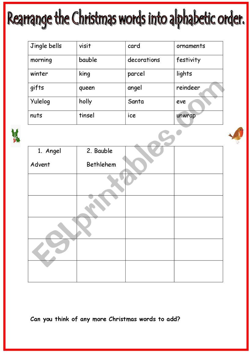 Rearrange The Christmas Words Into Alphabetic Order - Esl within Christmas Words Alphabetical Order Worksheet