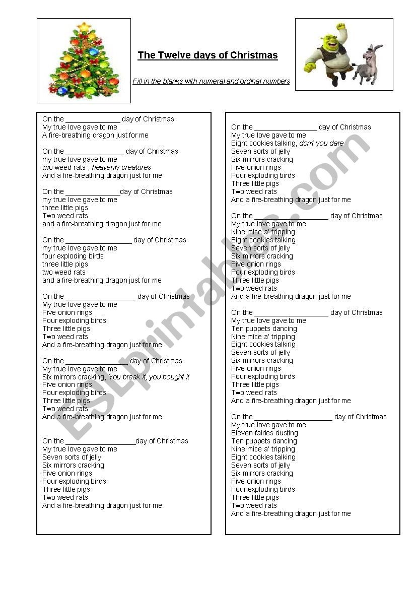 Shrek Twelve Days Of Christmas - Esl Worksheetobindidon within 12 Days of Christmas Worksheet Answers