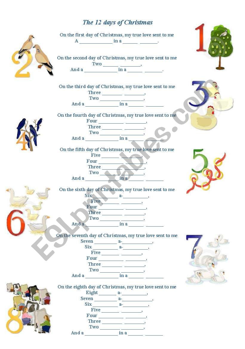 Song The Twelve Days Of Christmas - Esl Worksheetnickhk throughout 12 Days of Christmas Worksheet Answers