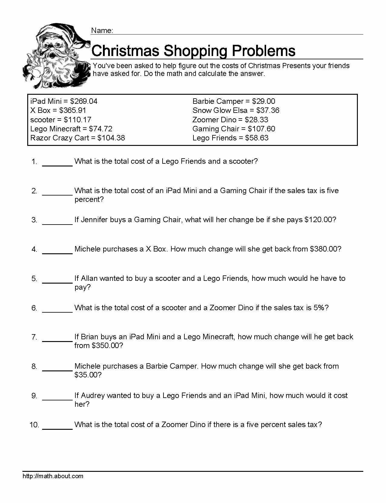 Worksheets For Christmas Math Problems in Christmas Shopping Worksheet