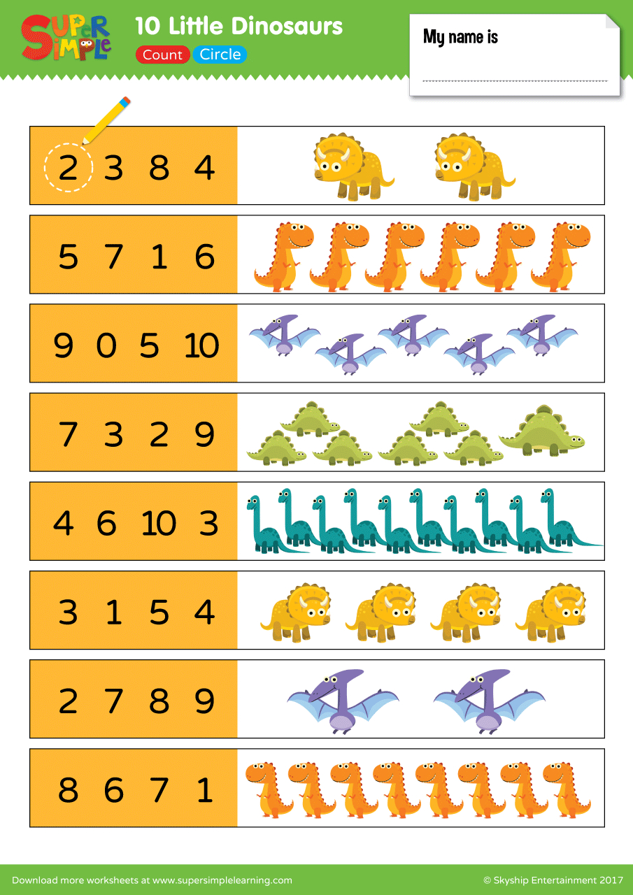 10 Little Dinosaurs Worksheet - Count &amp;amp; Circle - Super Simple inside Dinosaur Worksheets Free Printable