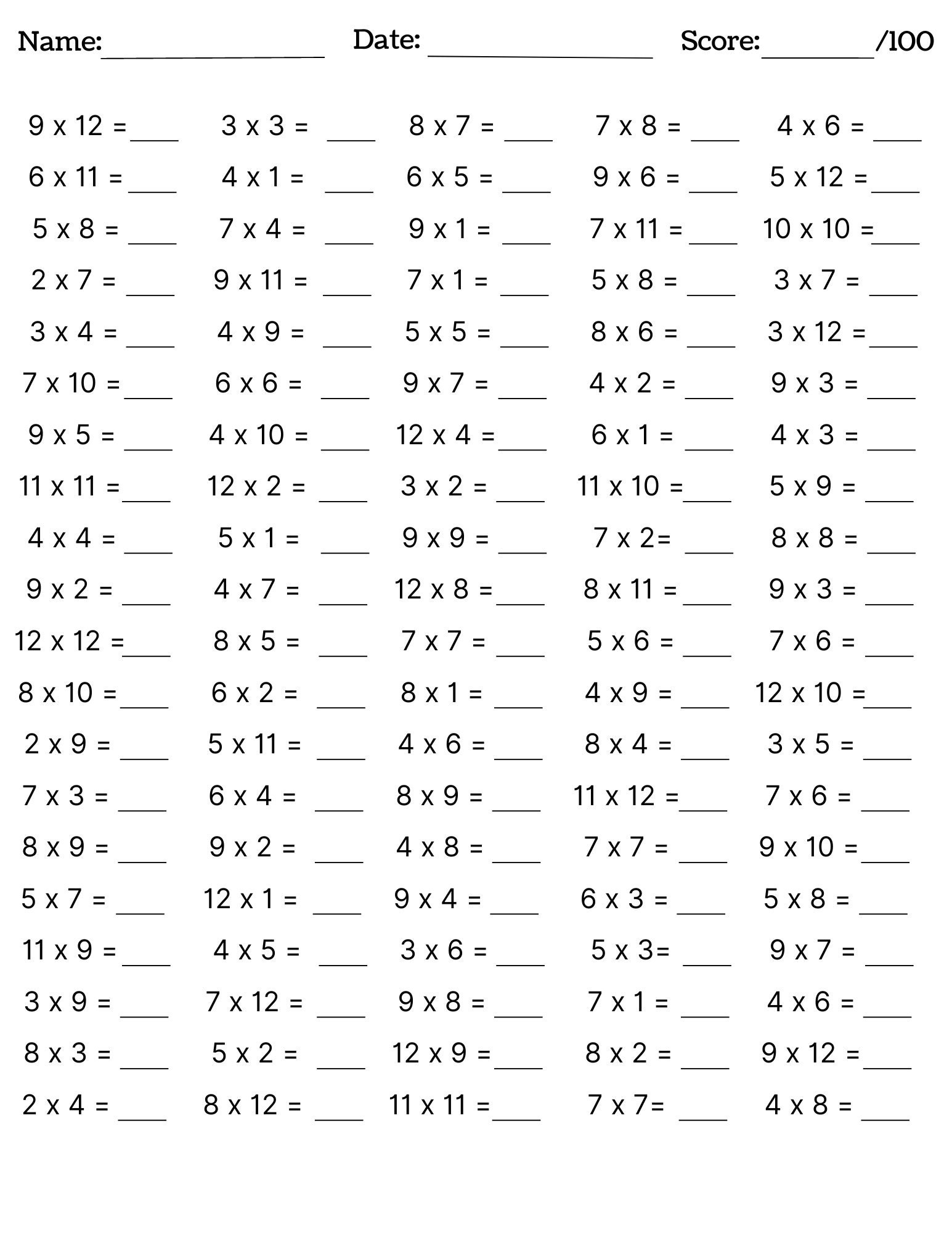 10 Printable Multiplication Worksheets, Fill In The Blanks inside Free Printable Multiplication Worksheets