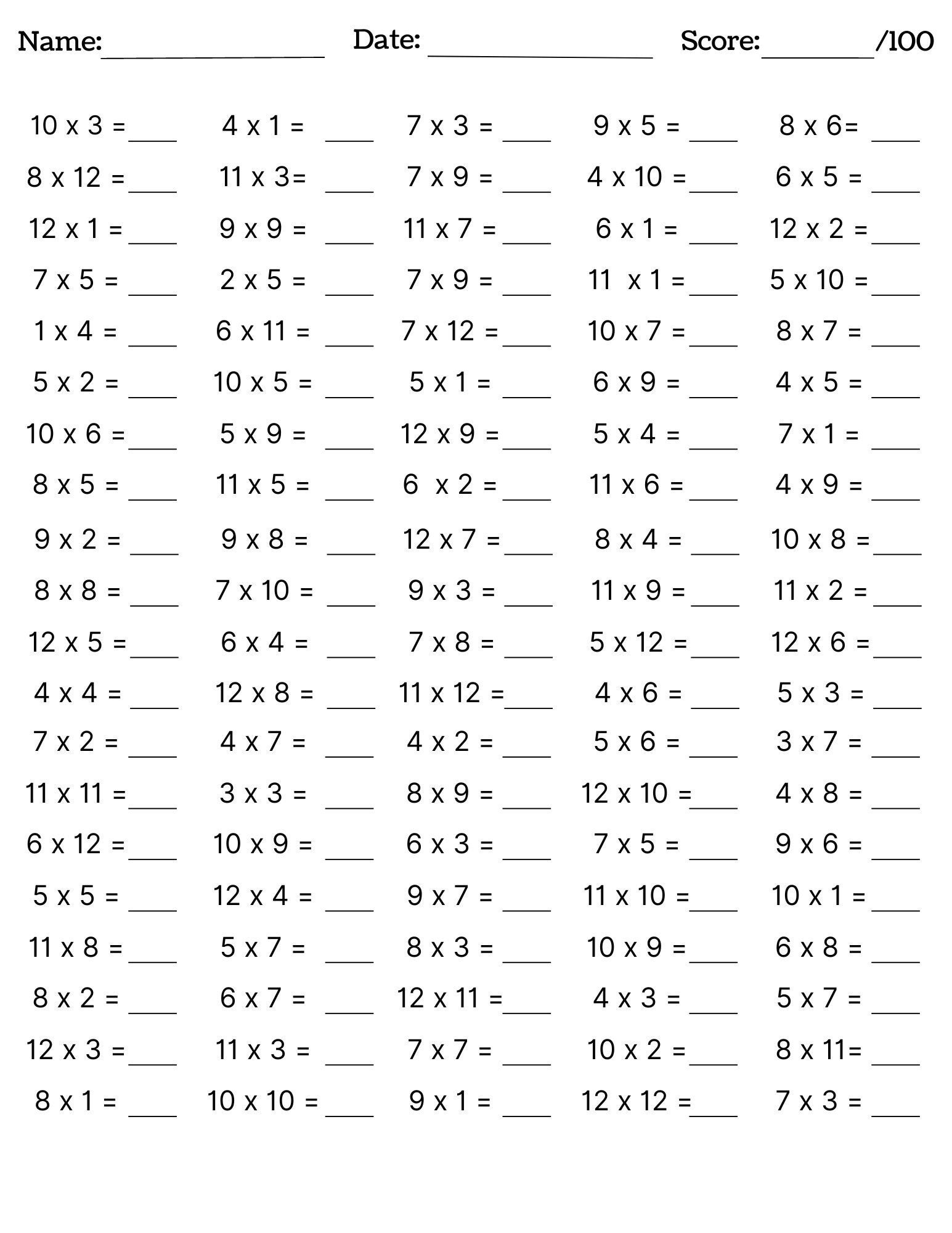 10 Printable Multiplication Worksheets, Fill In The Blanks regarding Free Printable Multiplication Worksheets 1-12