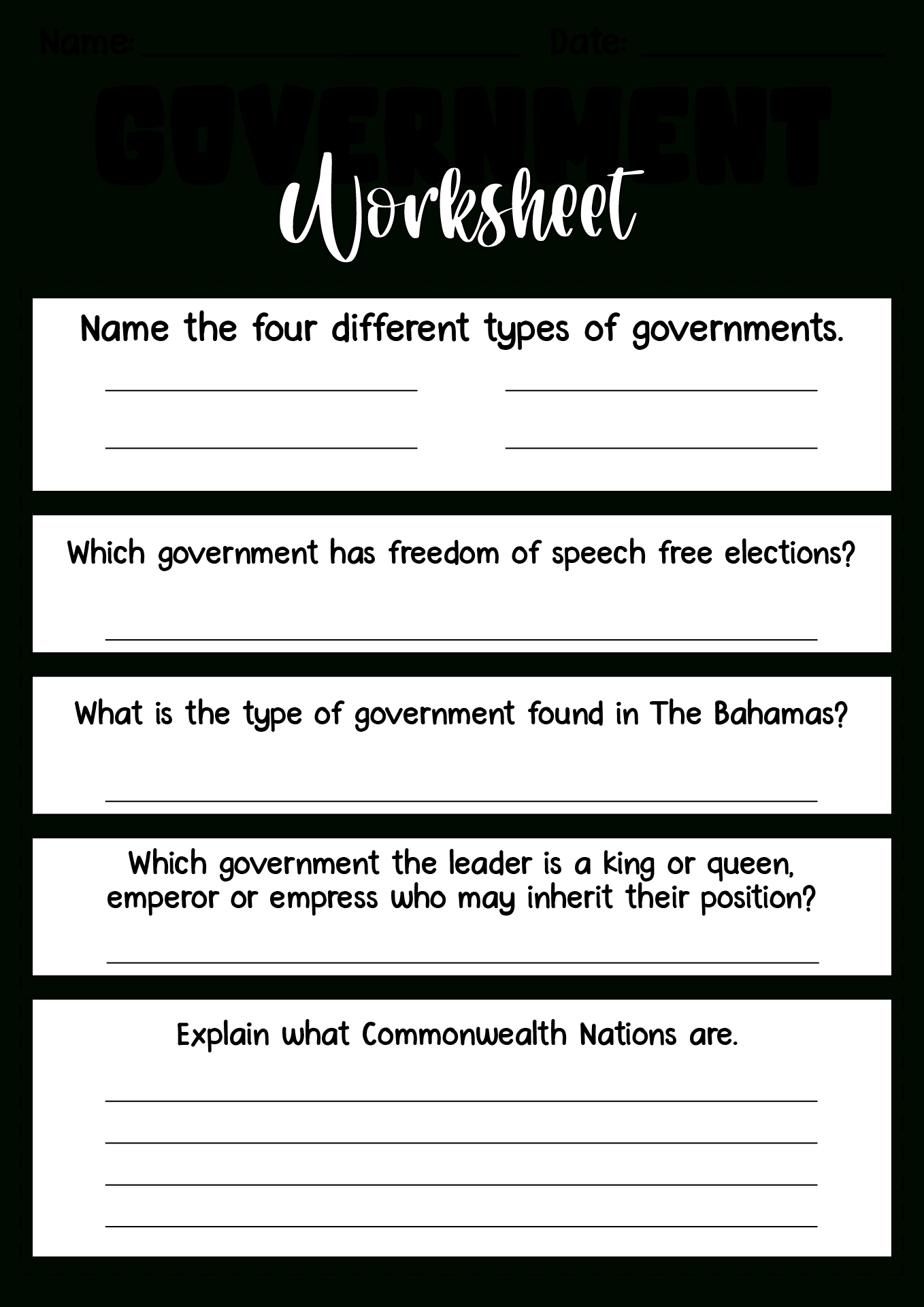 15 Different Types Of Government Worksheet - Free Pdf At for Free Printable Government Worksheets