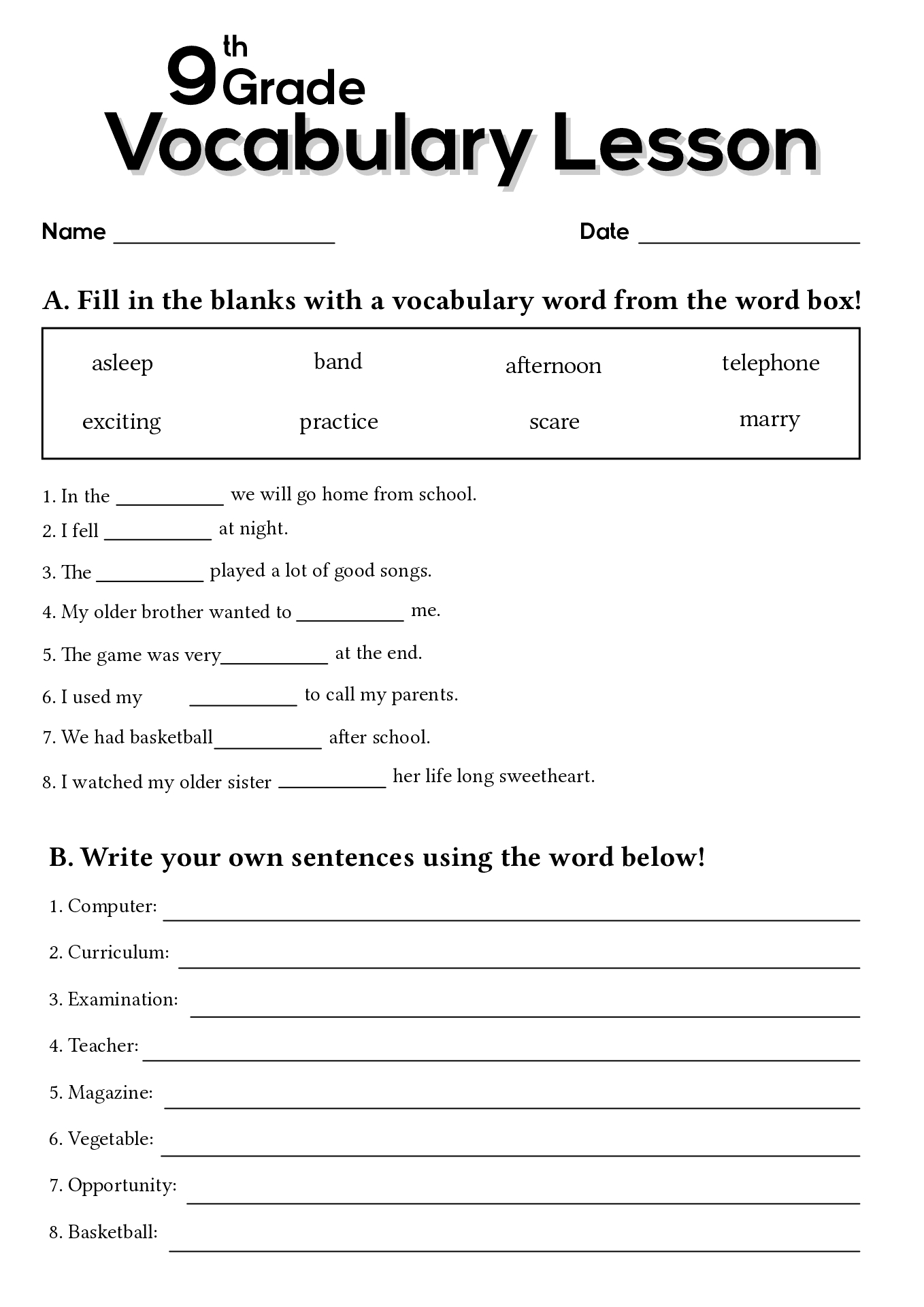 17 9Th Grade Worksheets Spelling Words - Free Pdf At Worksheeto throughout Free Printable Worksheets For 9Th Graders