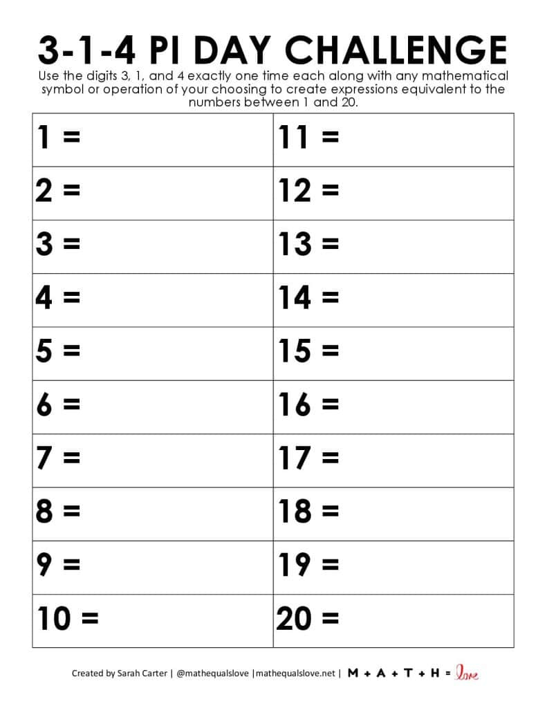 3-1-4 Pi Day Number Challenge | Math = Love intended for Free Printable Pi Day Worksheets