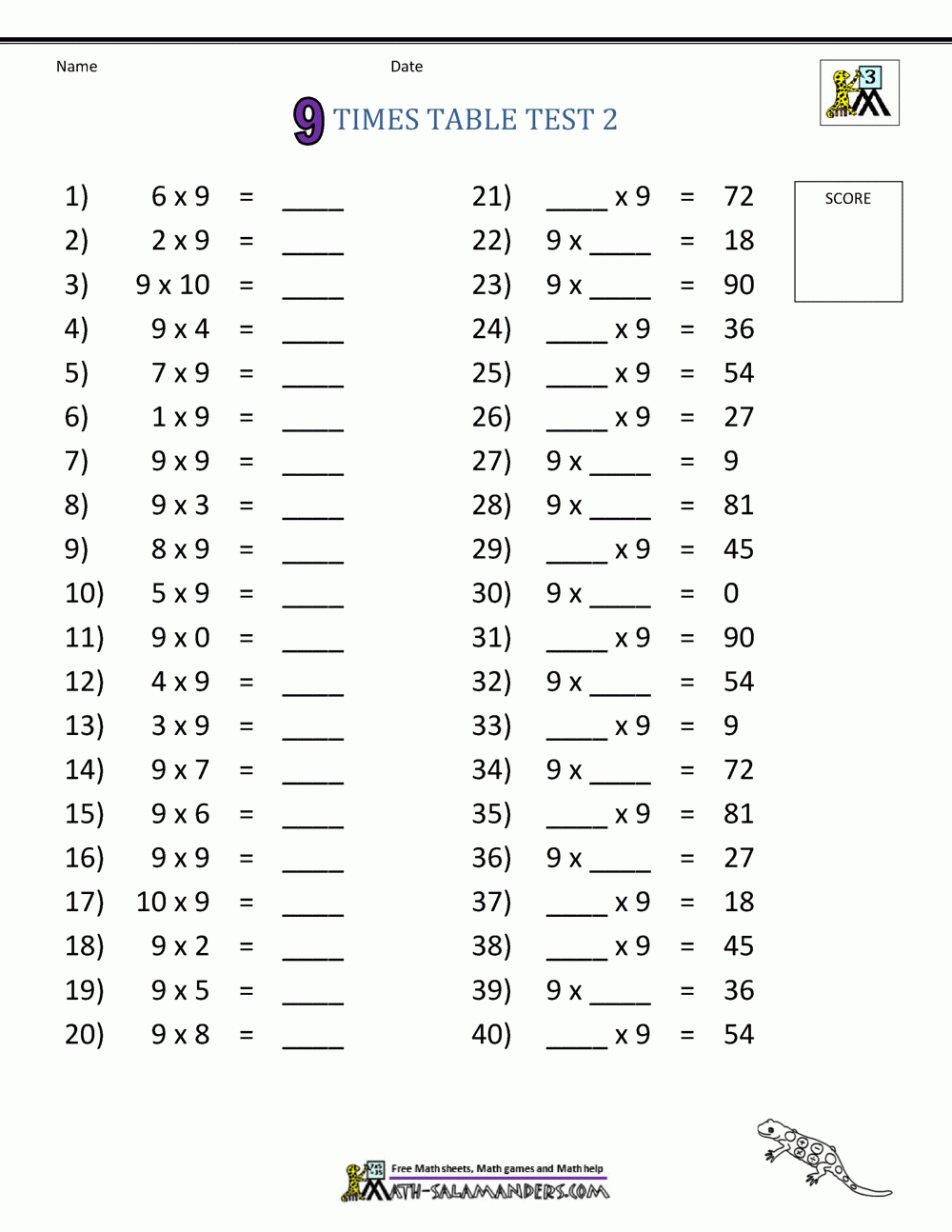 9 Times Table Worksheets in Free Printable Math Times Table Worksheets