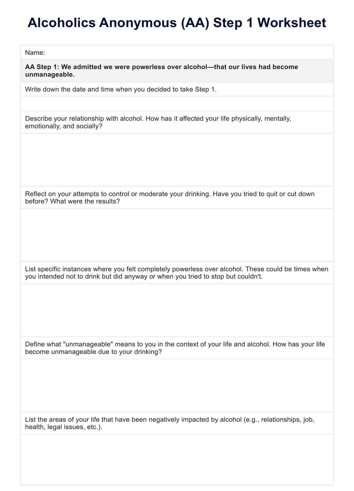 Aa Step 1 Worksheets with regard to Free Printable Aa 12 Step Worksheets
