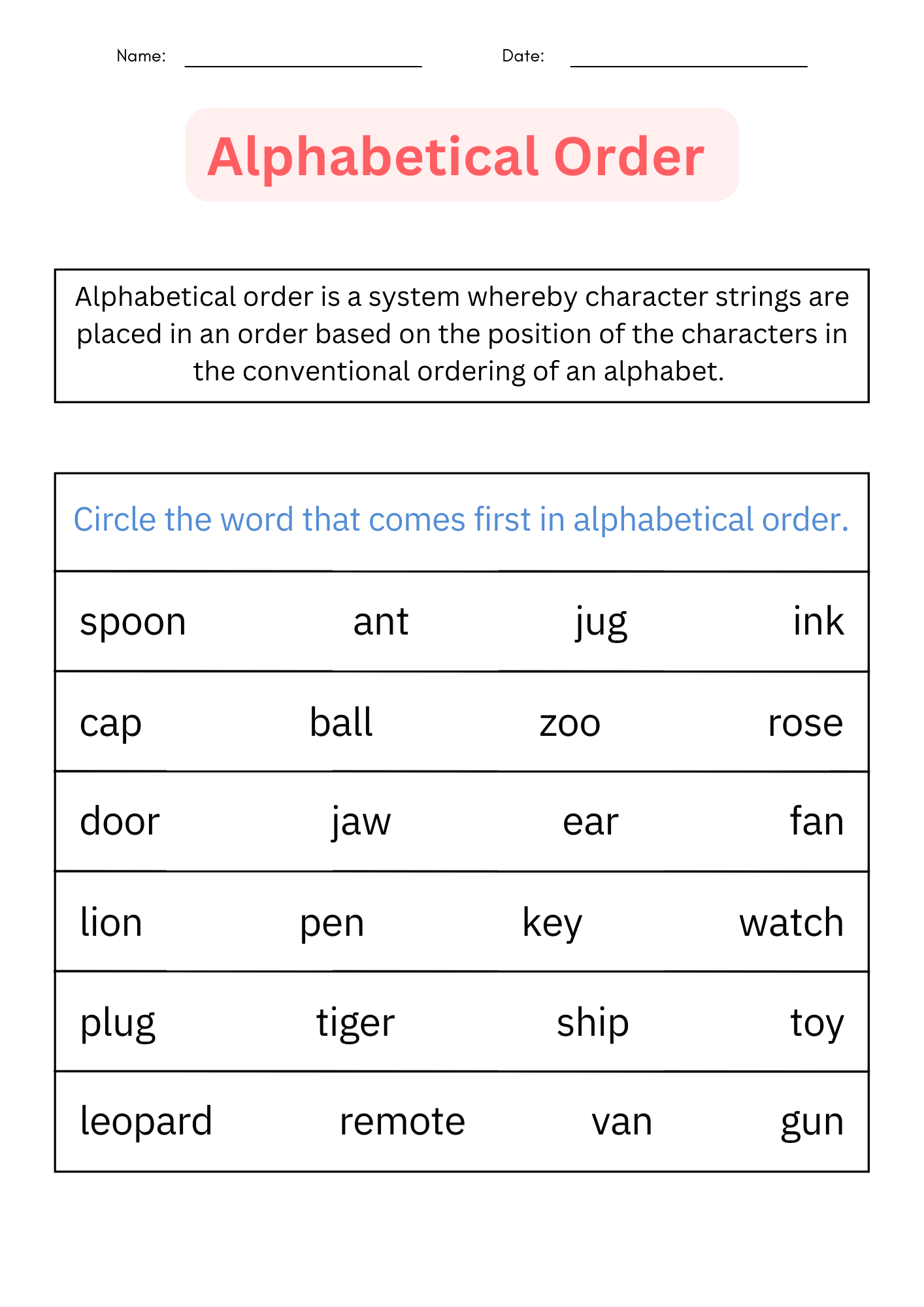 Abc Order - Printable Alphabetical Order Worksheets For 1St L 2Nd within Free Printable ABC Order Worksheets