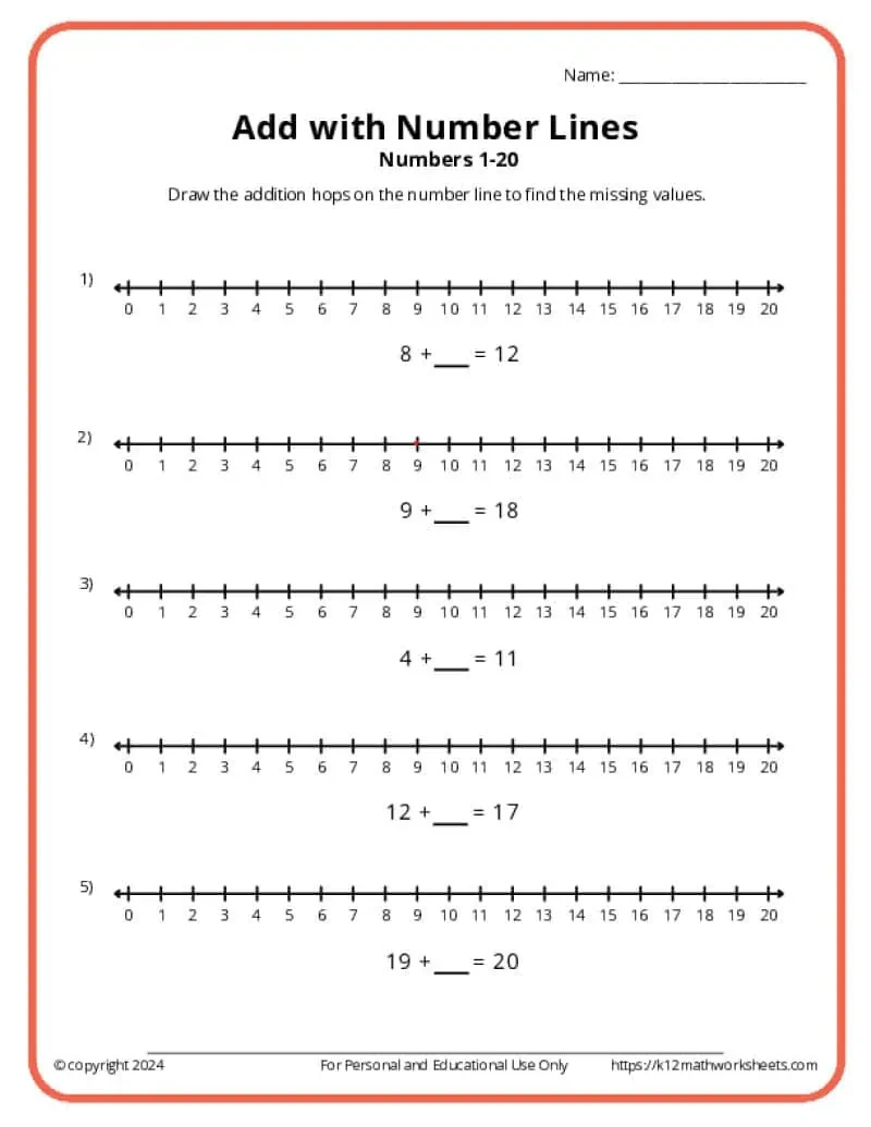 Add With Number Lines - K12 Math Worksheets for Free Printable Number Line Addition Worksheets