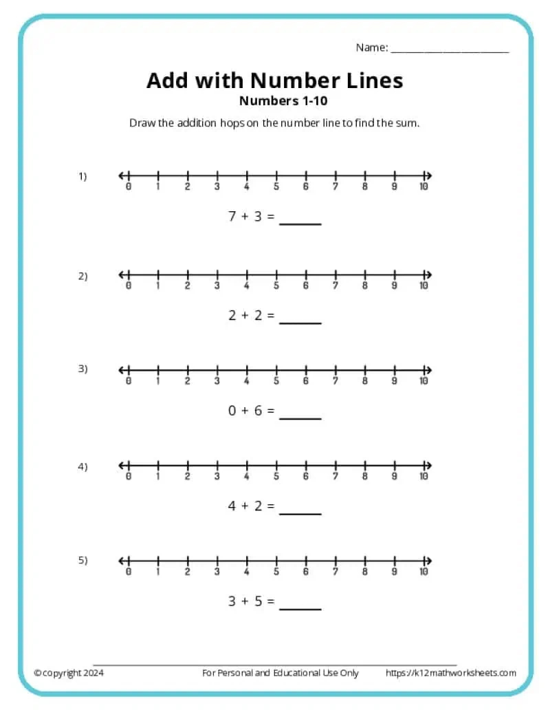 Add With Number Lines - K12 Math Worksheets pertaining to K-12 Free Printable Worksheets