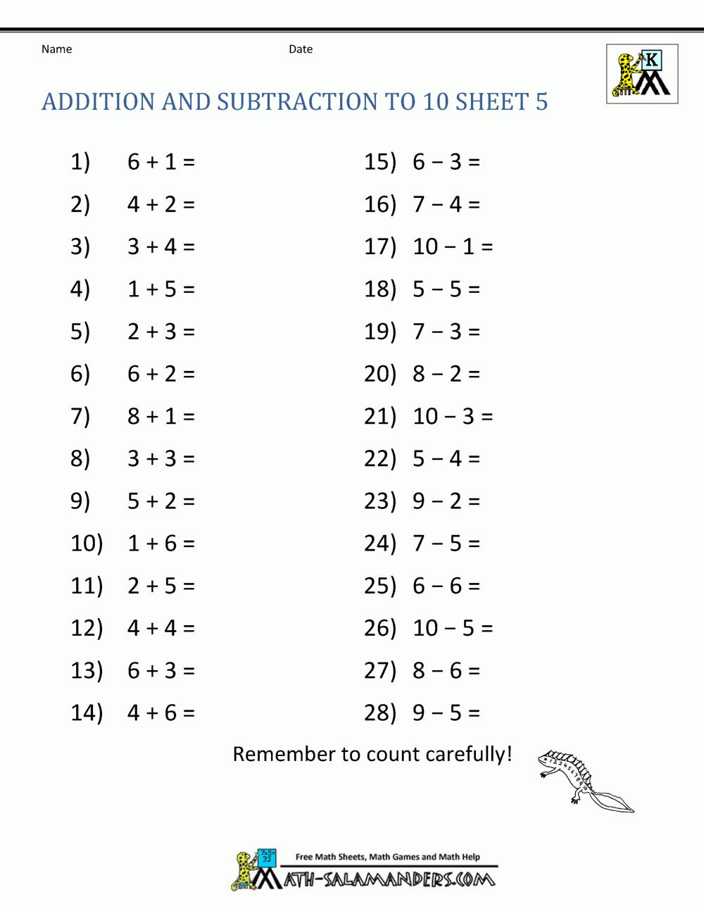 Addition And Subtraction Worksheets For Kindergarten with Free Printable Addition and Subtraction Worksheets