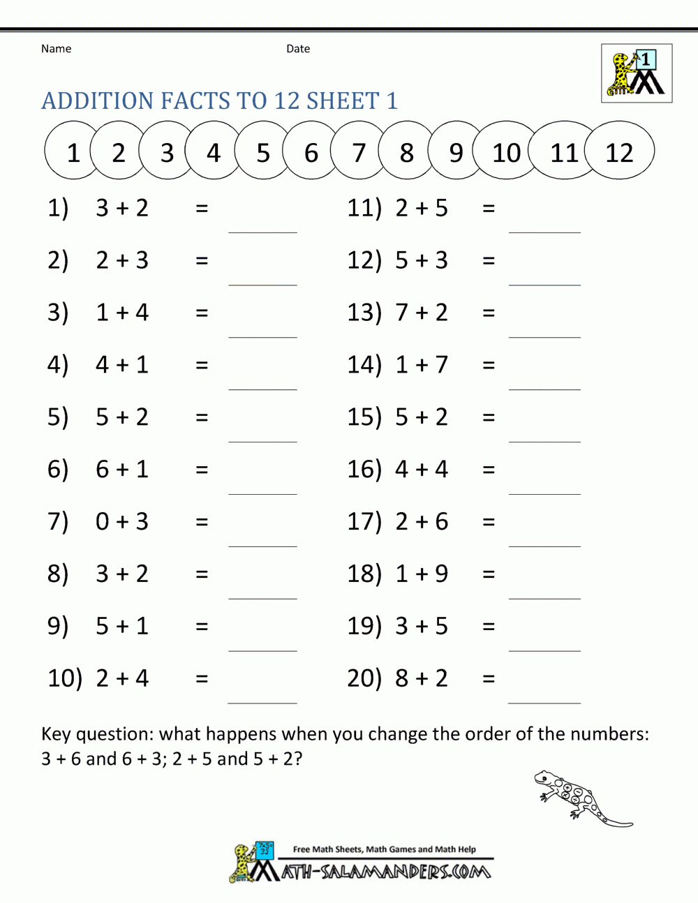 Addition Facts To 20 Worksheets inside Free Math Printable Worksheets