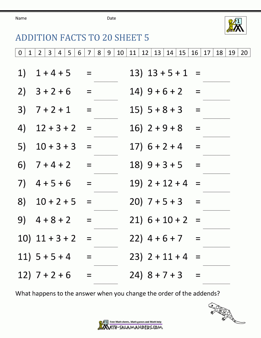 Addition Facts To 20 Worksheets with regard to Free Printable Math Facts Worksheets