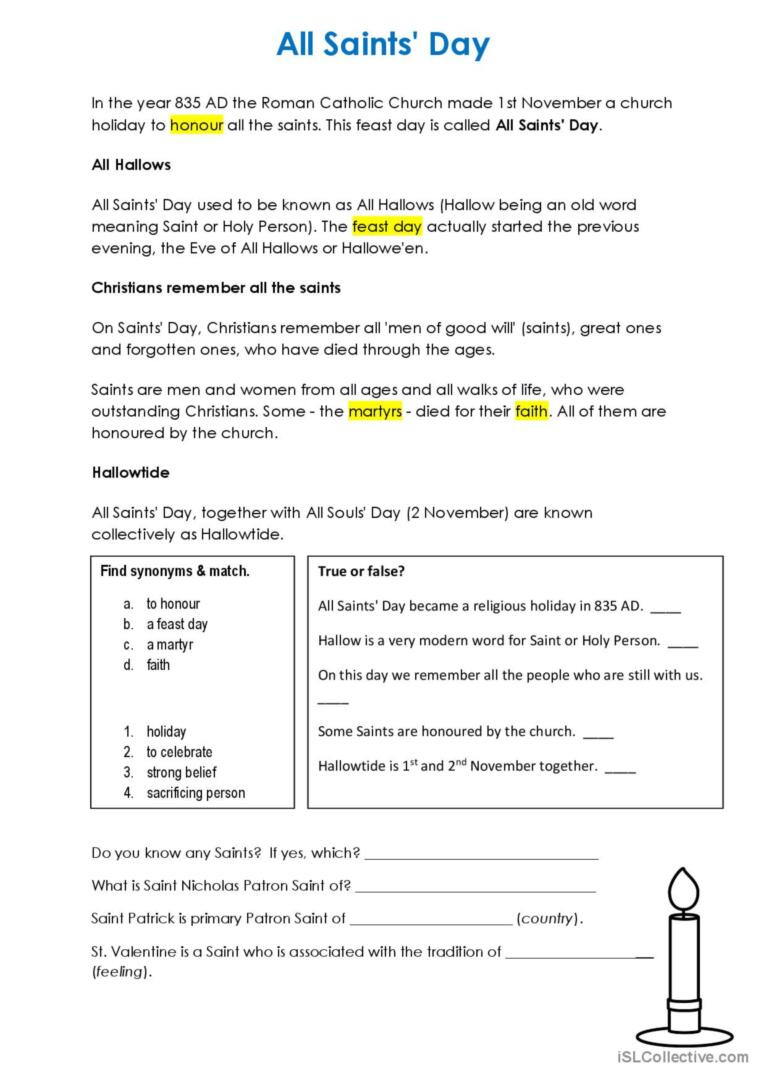 All Saints' Day Reading For Detail (…: English Esl Worksheets Pdf intended for Free Printable All Saints Day Worksheets